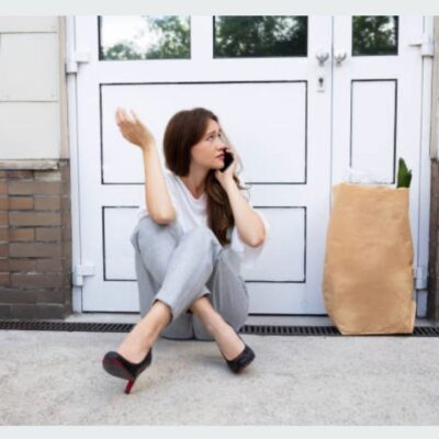 Woman sitting outside a closed door, talking on the phone with a grocery bag beside her.