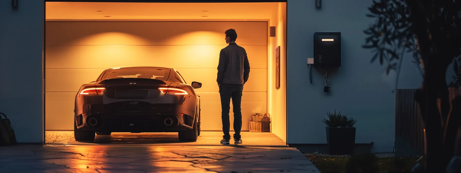 a car owner standing in front of a sleek, modern vehicle with a secure key box mounted on the garage wall.