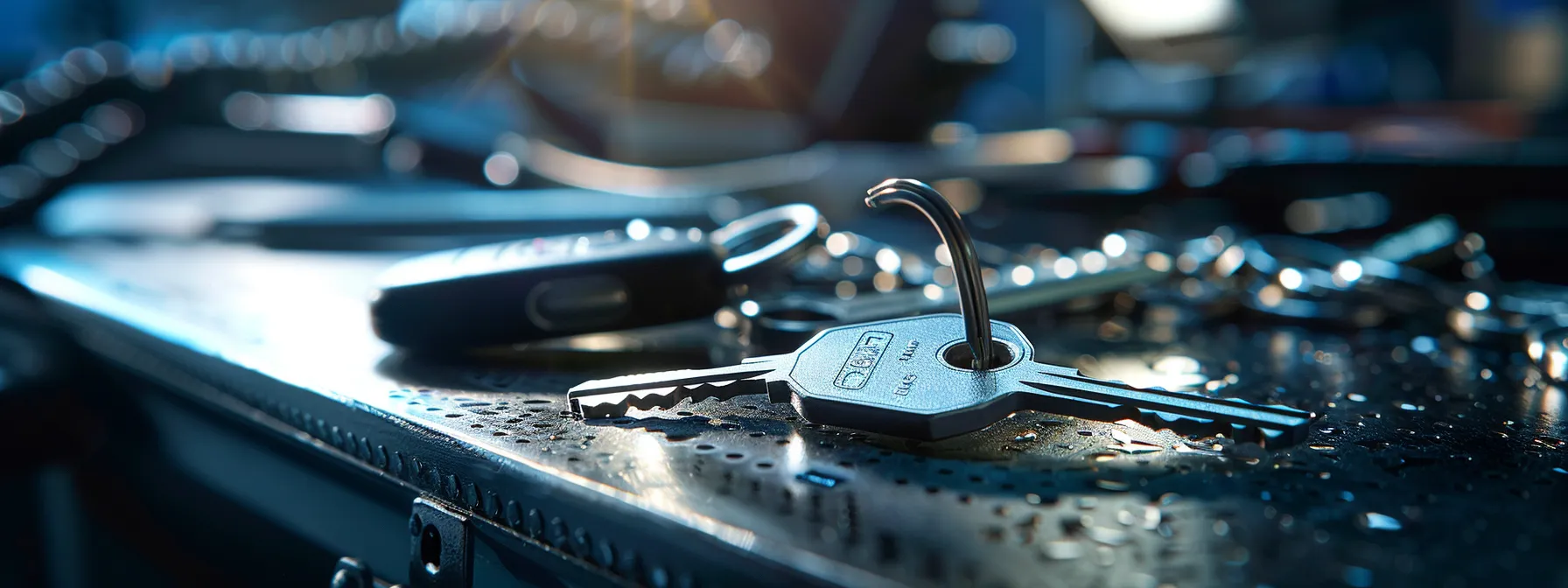 a close-up photo of a car key being reprogrammed by a locksmith, with a price comparison chart in the background.