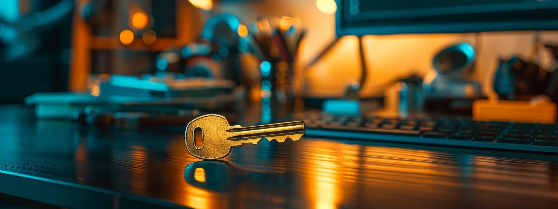 a close-up shot of a key being meticulously duplicated at a well-organized diy workstation at home.