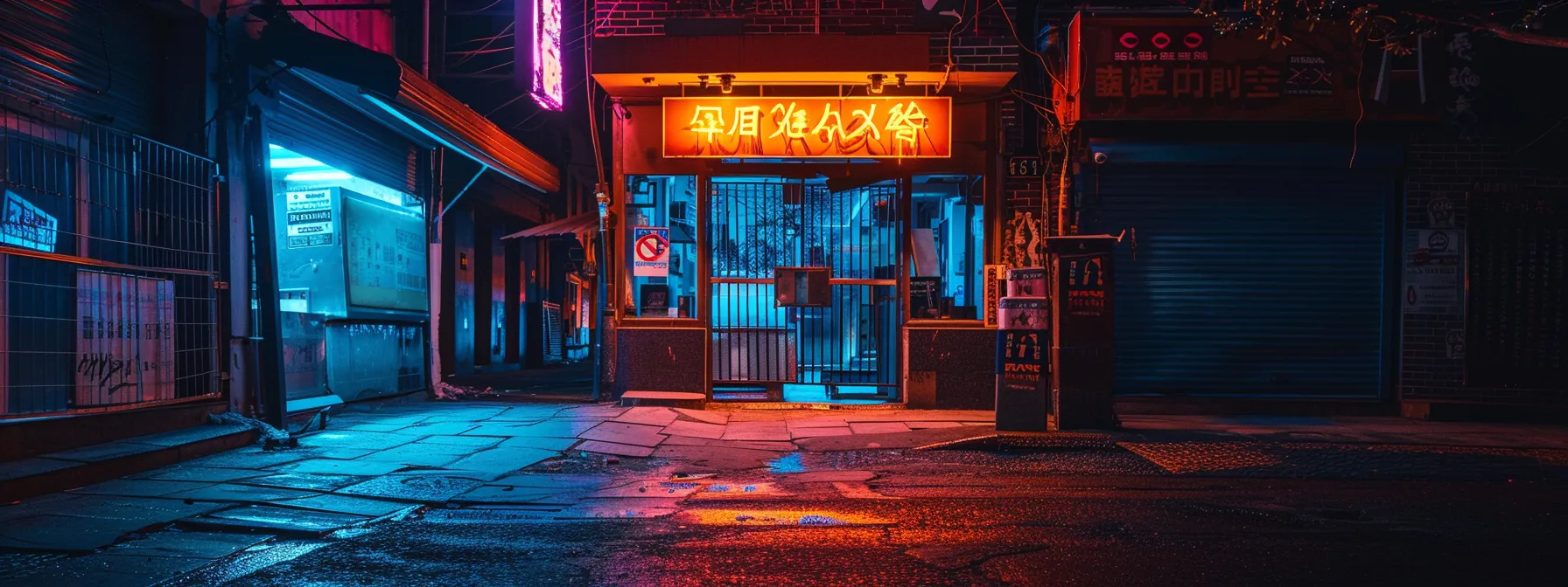 a dark, deserted street at night with a glowing sign of a 24/7 auto locksmith shop, symbolizing trustworthy assistance in a car lockout emergency.