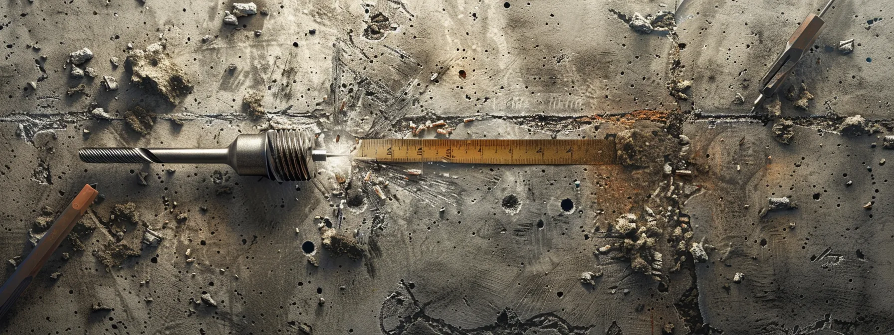 a drill bit piercing through a concrete wall with a tape measure and pencil nearby.