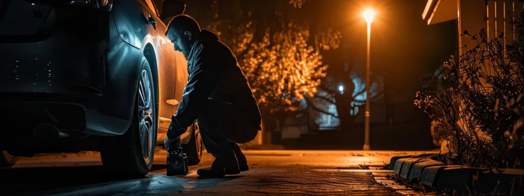 a driver kneeling in the dark, under a streetlight, receiving assistance from a locksmith to unlock a car door.