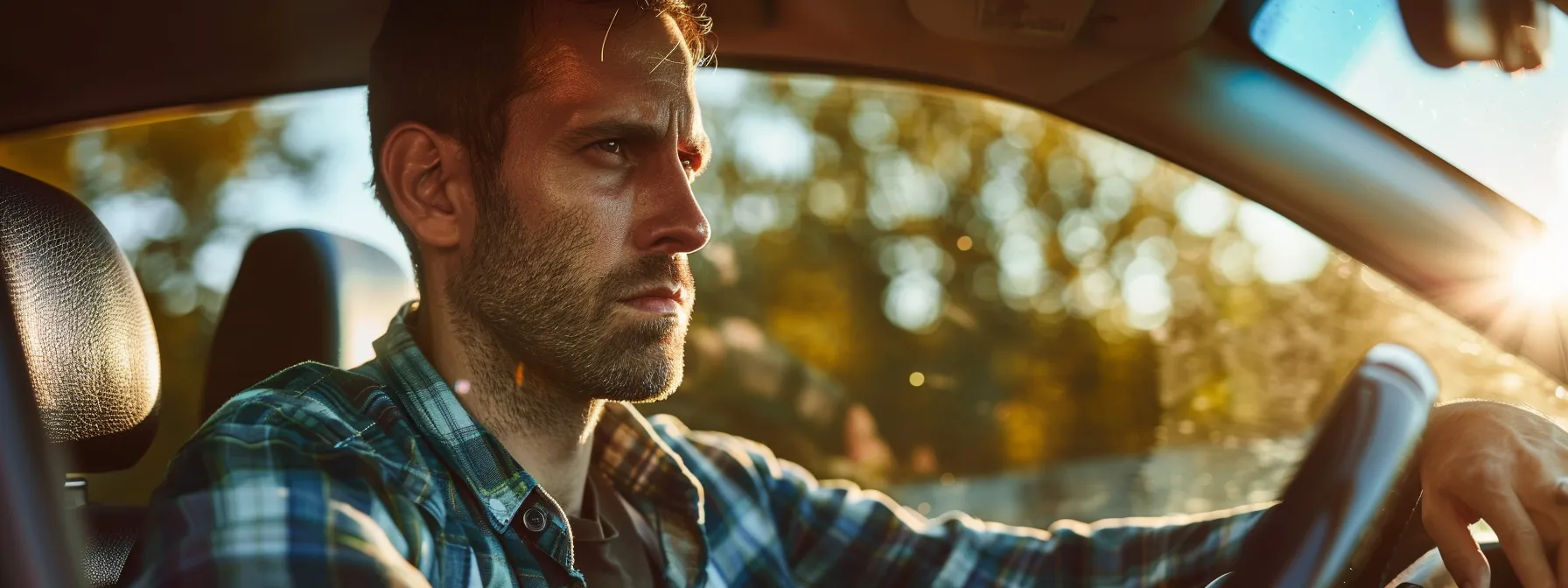 a frustrated driver stands outside their car, peering through the window at forgotten keys lying on the driver's seat.