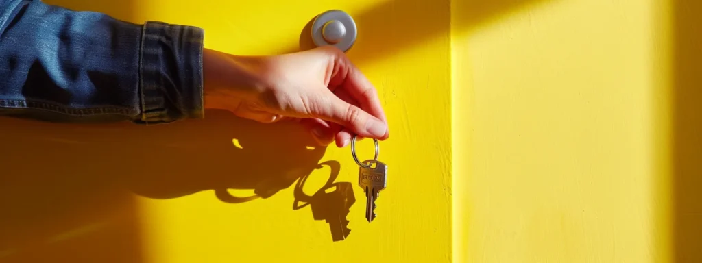 a hand holding a shiny, silver keysafe against a bright yellow wall while installing it securely.