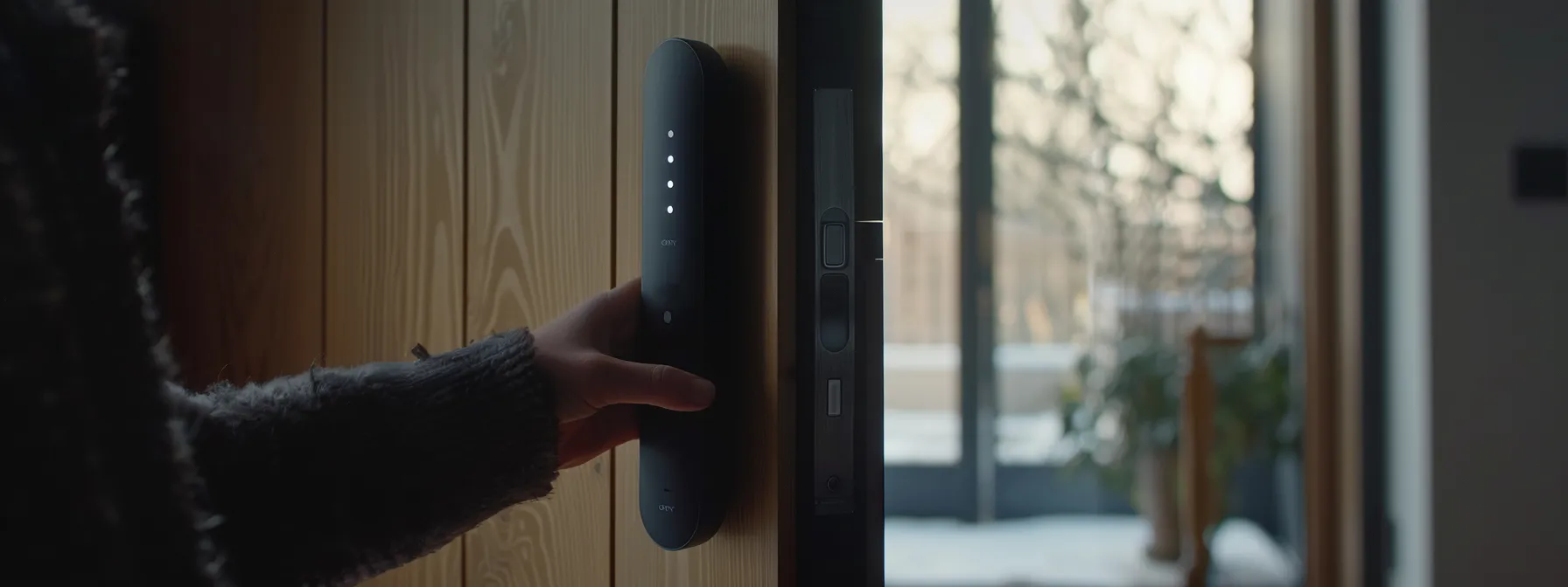 a hand holding a sleek, modern smart lock while standing in front of a door being installed.