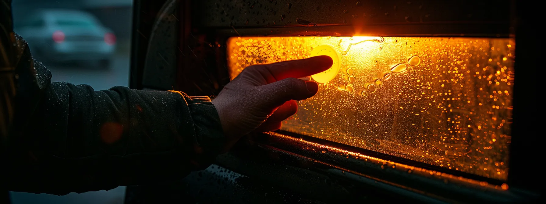 a hand holding a slim jim tool carefully sliding it through the window crack of a locked car door.