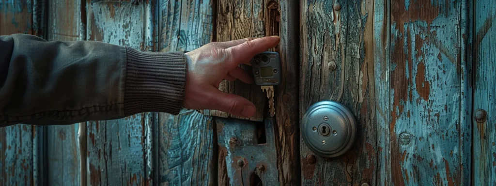 a hand placing a sleek, silver keysafe onto a weathered wooden door.