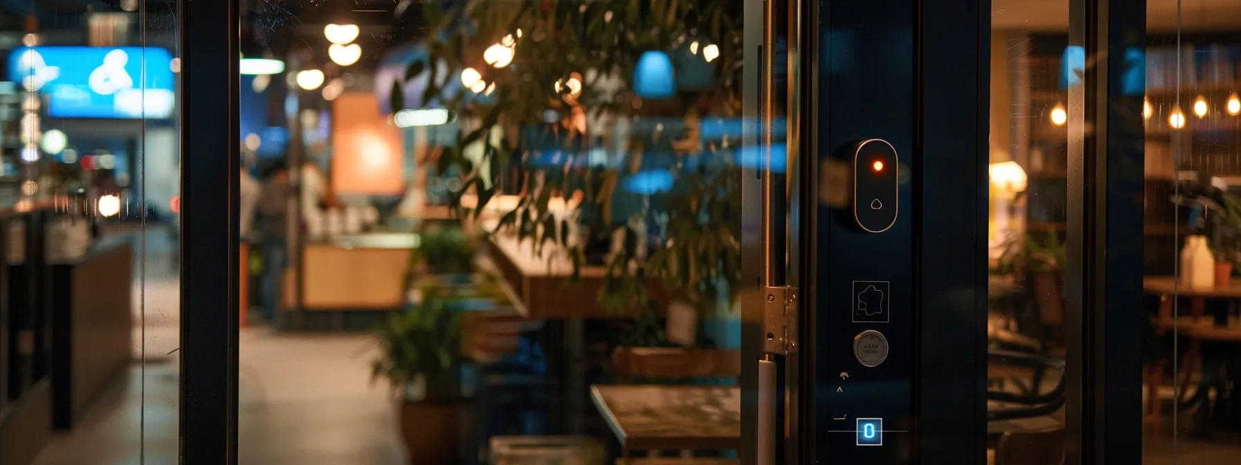 a high-tech smart lock system installed on the front door of a bustling retail store, ensuring enhanced security and reduced losses.