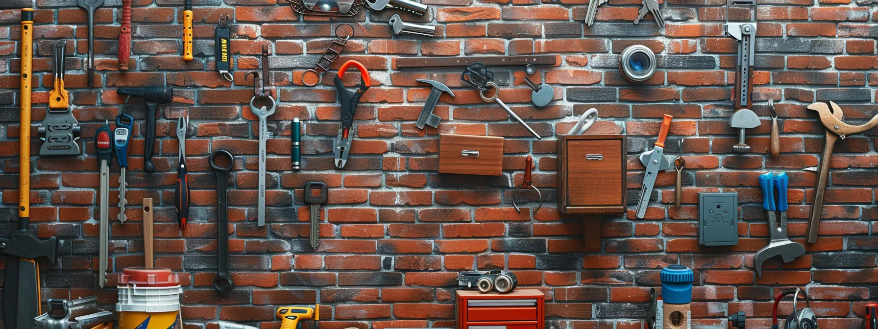 a homeowner carefully choosing the perfect spot on a brick wall for their new outdoor keysafe, surrounded by a variety of tools and materials ready for installation. a homeowner carefully choosing the perfect spot on a brick wall for their new outdoor keysafe, surrounded by a variety of tools and materials ready for installation.