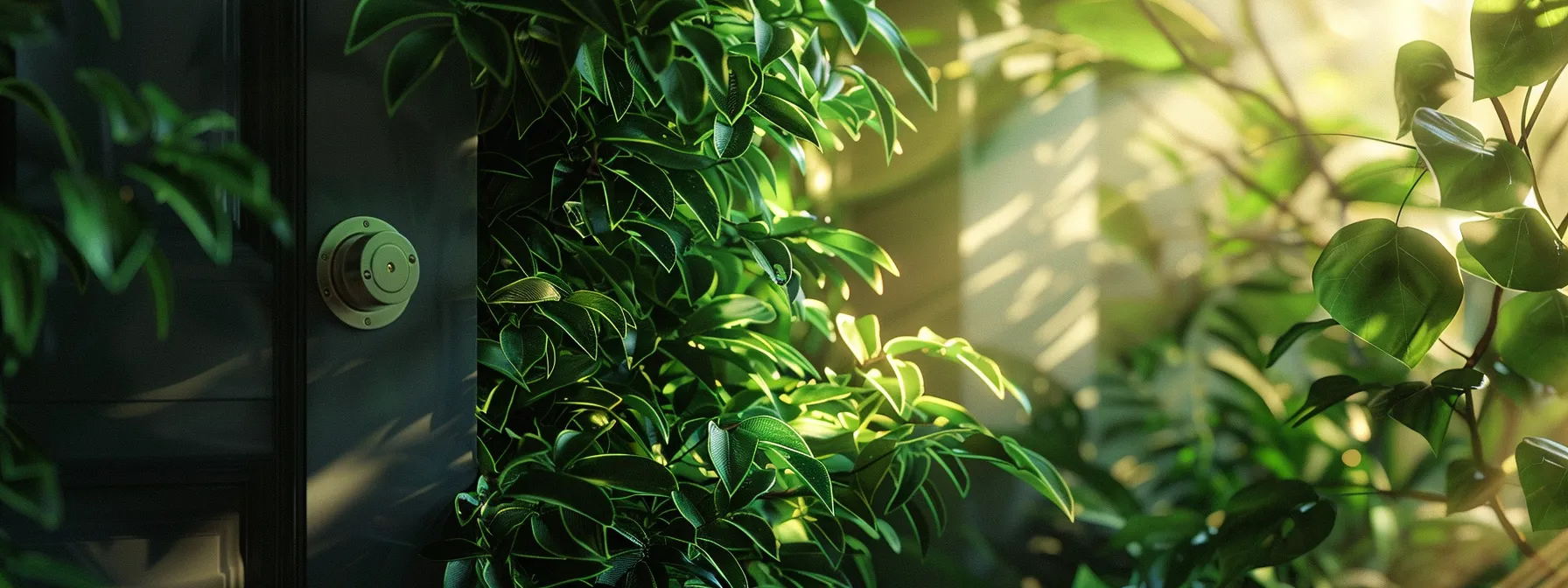 a keysafe mounted discreetly behind a lush green plant near the door, blending seamlessly into the environment while ensuring security and accessibility. a keysafe mounted discreetly behind a lush green plant near the door, blending seamlessly into the environment while ensuring security and accessibility.