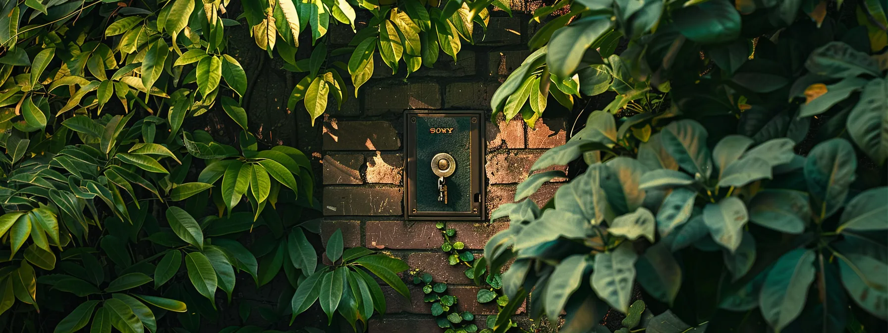 a keysafe mounted on a sturdy, hidden brick wall surrounded by green foliage, ensuring both security and discretion. a keysafe mounted on a sturdy, hidden brick wall surrounded by green foliage, ensuring both security and discretion.