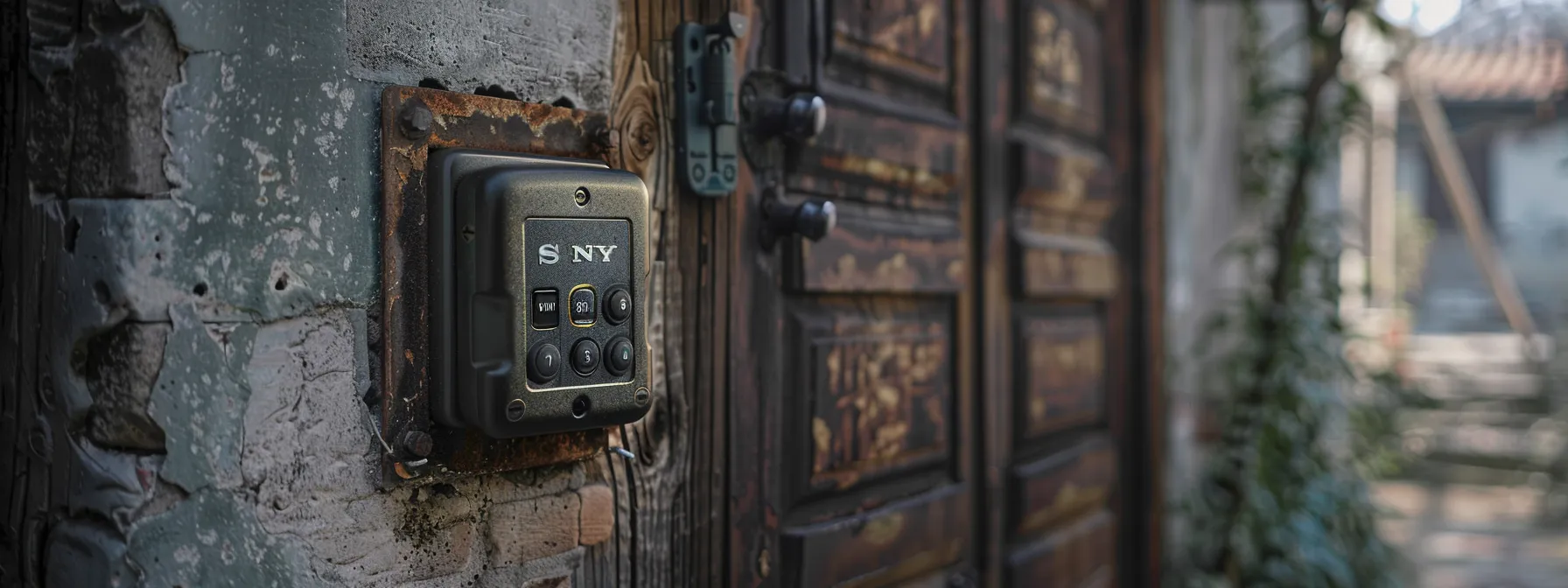 a keysafe mounted on a weather-beaten wall, secured with a newly updated access code, surrounded by additional security measures for protection.