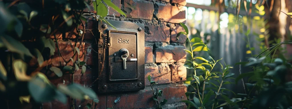 a keysafe mounted securely on a brick wall in a backyard garden.