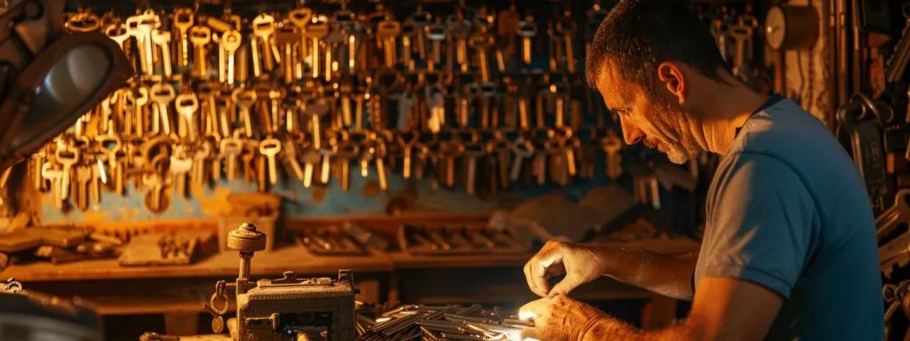 a locksmith carefully crafting a duplicate key on a machine, surrounded by various rows of keys hanging on the wall behind them.