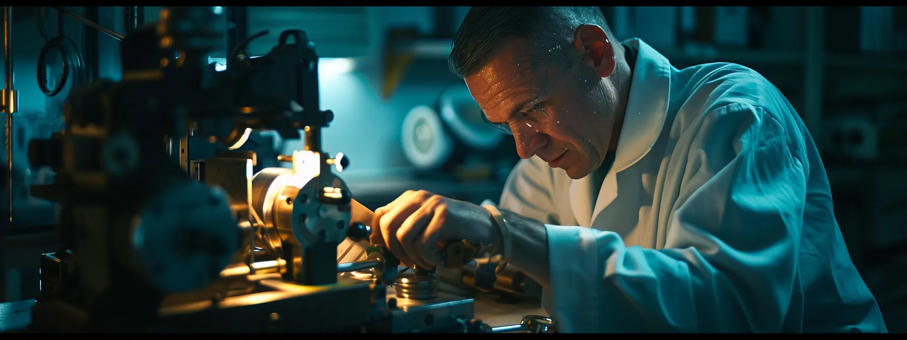 a locksmith carefully examines a high-tech key cutting machine, ensuring precision and accuracy for quality key duplication.