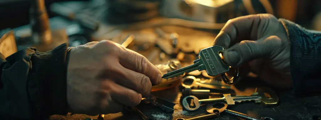 a locksmith cutting a duplicate key with precision and expertise.