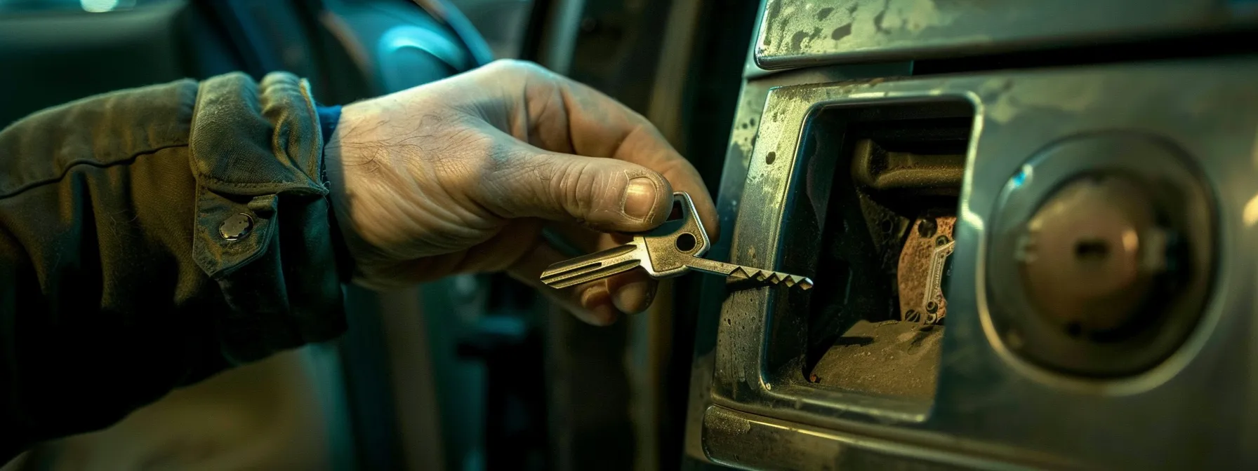 a locksmith examining a car lock for residual debris while testing its function with a spare key.