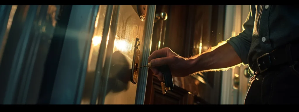 a locksmith expertly picking a lock on a front door, showcasing precision and speed in solving a home lockout situation.