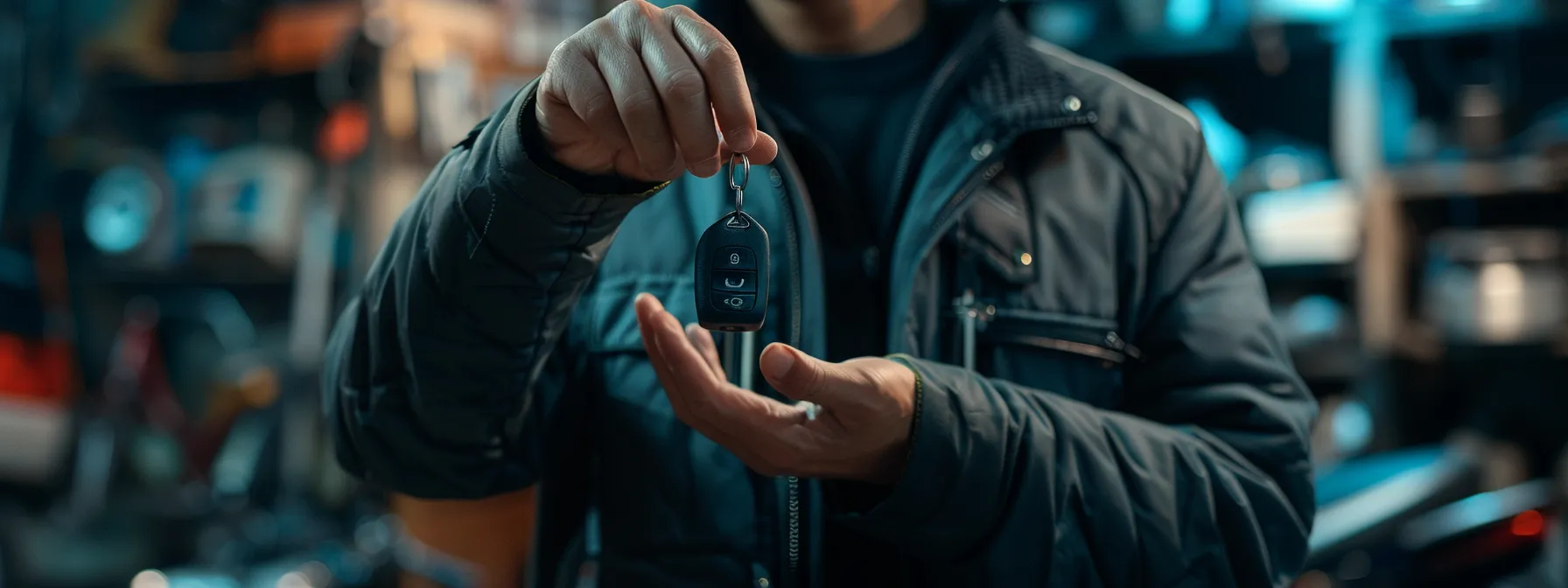 a locksmith holding a set of car keys next to a transparent price list and insurance coverage options, highlighting cost-effective solutions for lost car keys.