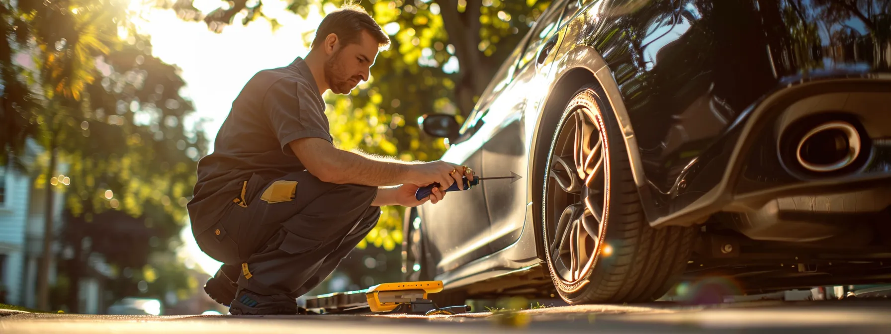 a locksmith kneeling beside a high-tech car, demonstrating professionalism and expertise with tools in hand.