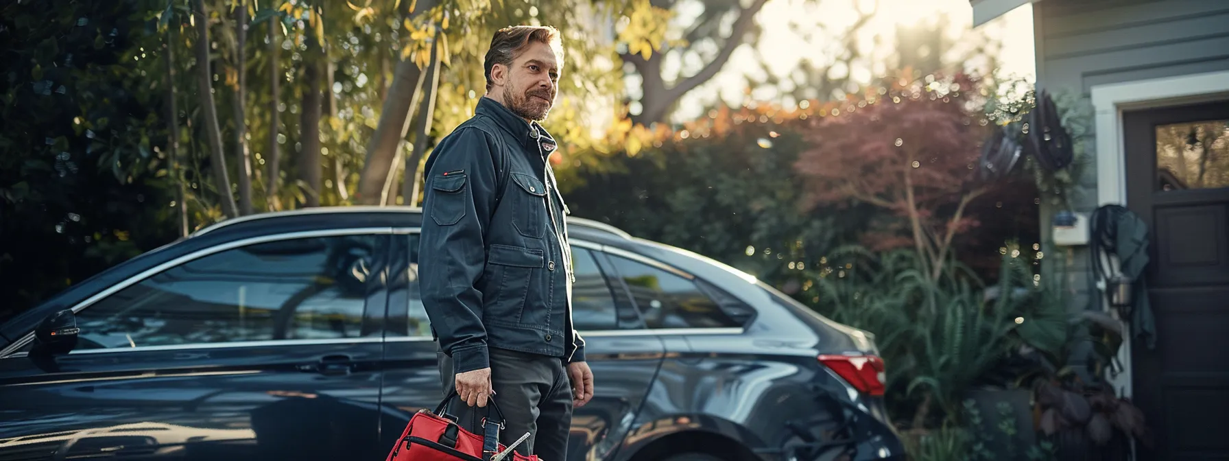 a locksmith standing next to a client's car, explaining the service process with a tool kit in hand.