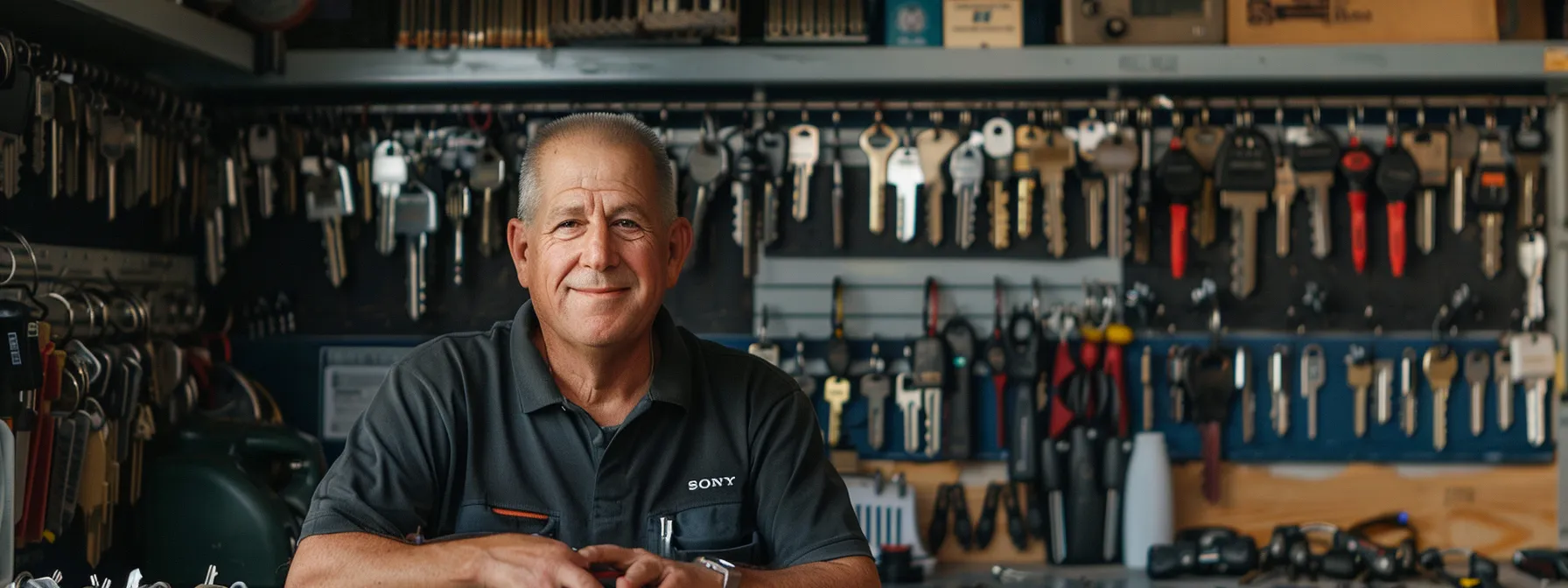 a locksmith standing next to a selection of keys, showcasing his expertise and experience in key duplication services.