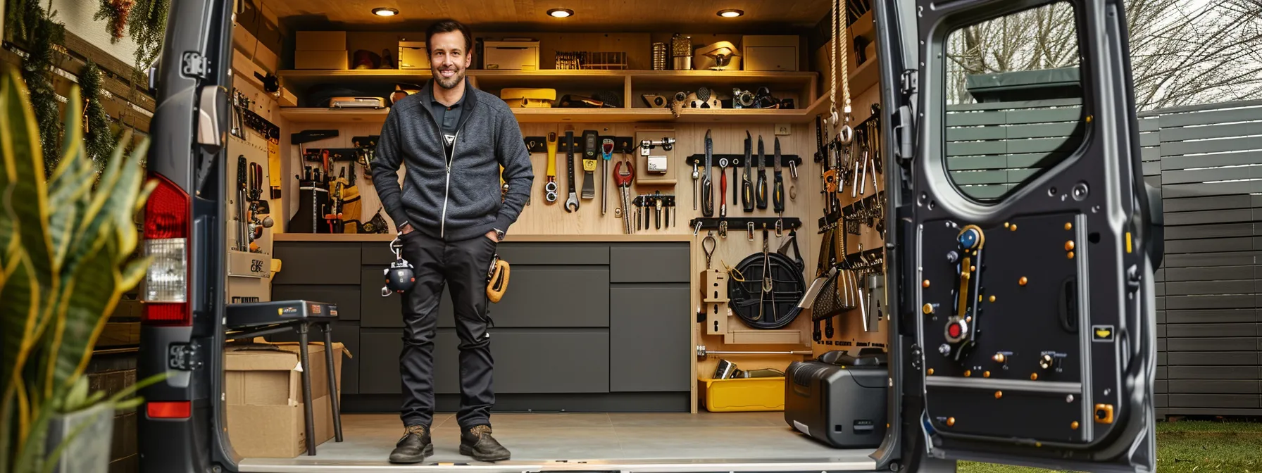 a locksmith standing next to a well-equipped van, showcasing various tools and equipment for unlocking vehicles.