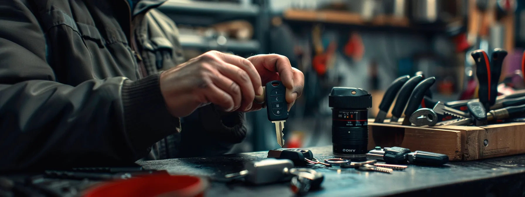 a locksmith swiftly cutting a new car key with precision in a well-equipped workshop.