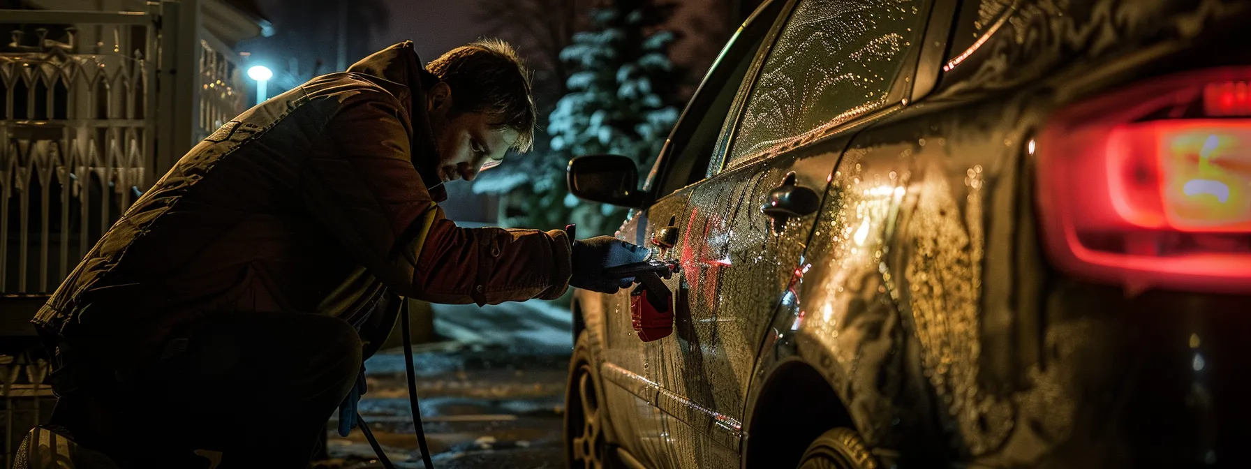 a locksmith swiftly unlocking a car door in the dead of night for a stranded customer.