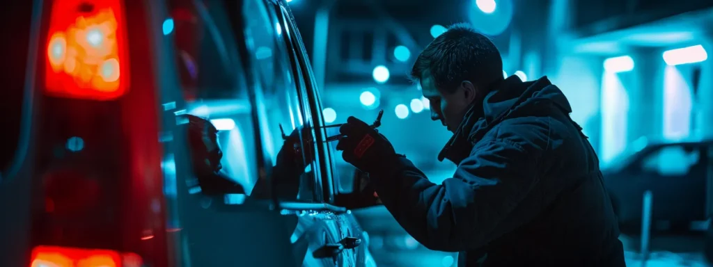 a locksmith using specialized tools to quickly unlock a car door of an emergency vehicle.