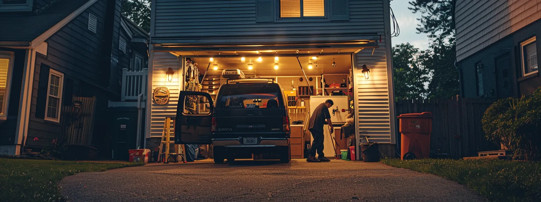 a locksmith van parked outside a customer's home, with a certified locksmith helping a satisfied customer beside a well-organized tool kit.