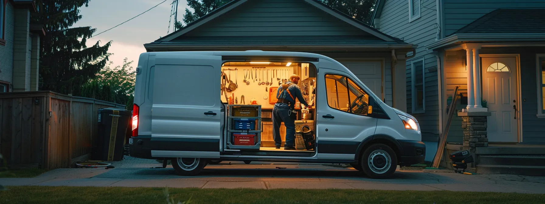 a locksmith's van parked outside a home, with tools hanging neatly inside and a satisfied customer shaking hands with the service provider.