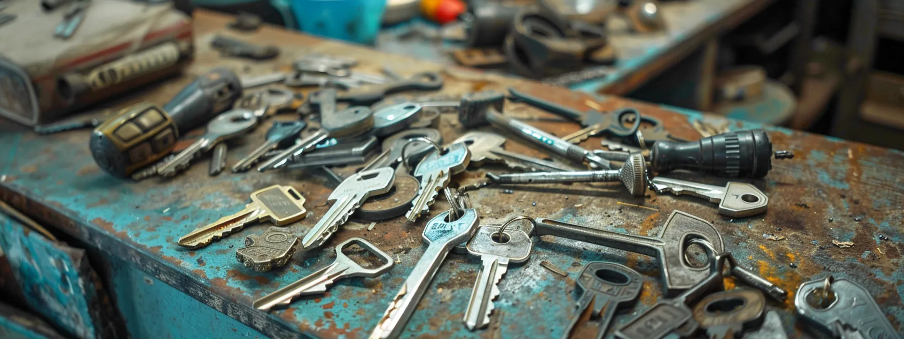 a mechanic comparing prices of oem and aftermarket keys on a cluttered workbench.