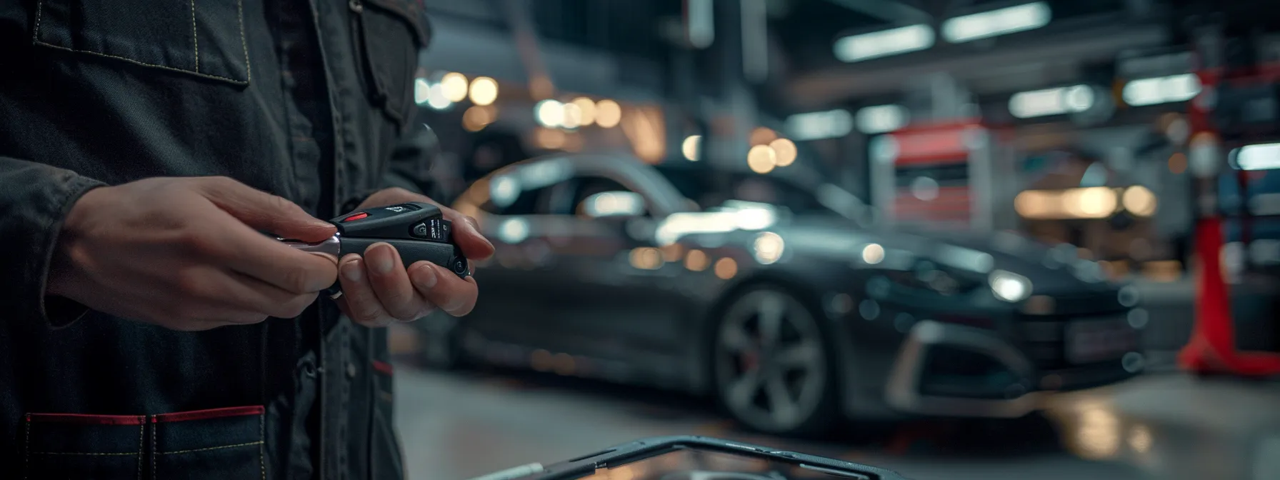 a mechanic using specialized tools to program a transponder key with a sleek, modern car in the background.