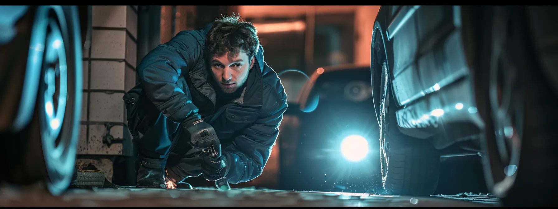 a mobile car locksmith kneeling beside a vehicle, swiftly rekeying the lock with a focused expression.