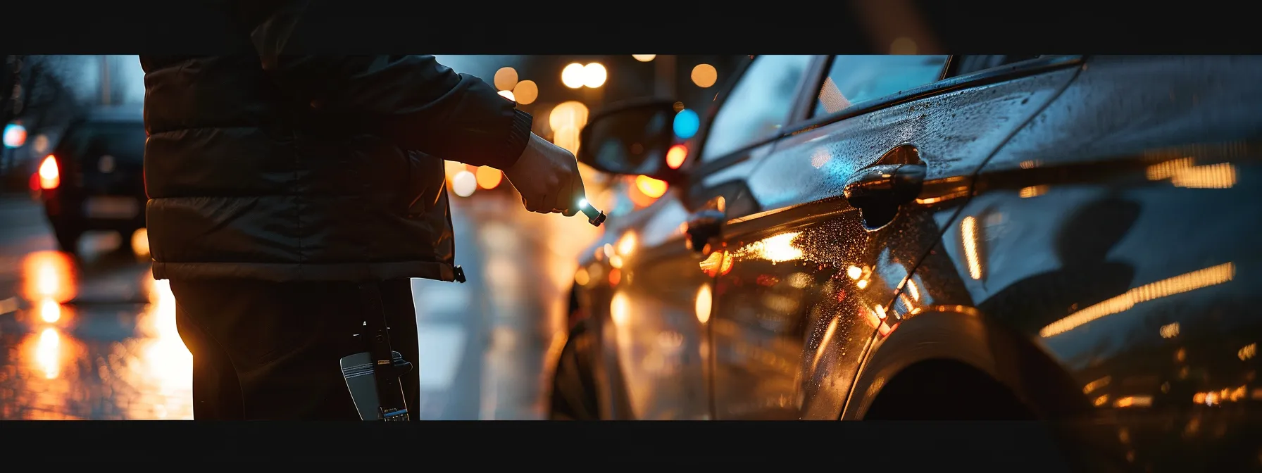 a mobile car locksmith swiftly unlocking a car door on the side of a busy road, showcasing their prompt response and convenience.