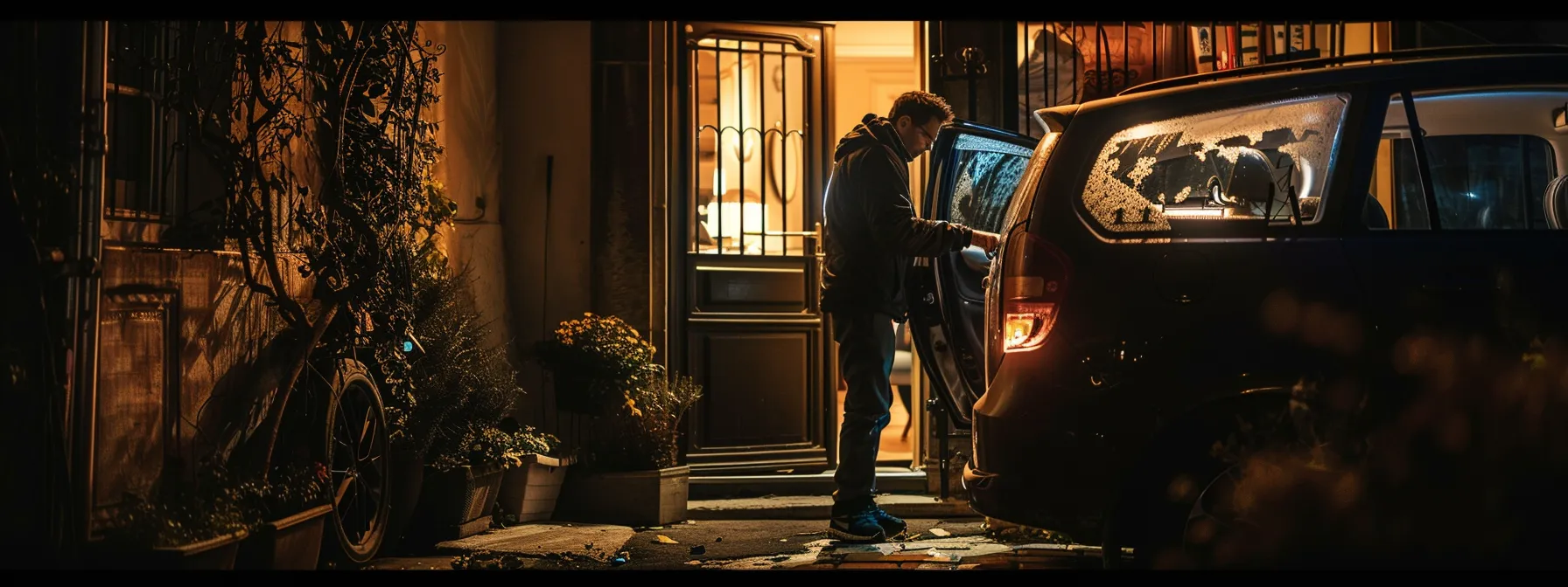 a mobile car locksmith unlocking a car door with a slim jim tool on a dimly lit street at night.