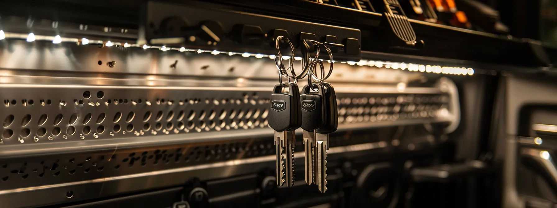 a organized key rack with spare keys hanging next to a high-tech smart key system in a well-maintained vehicle.