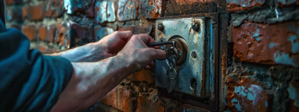 a pair of sturdy hands expertly mounting a keysafe onto a brick wall with precision and ease.