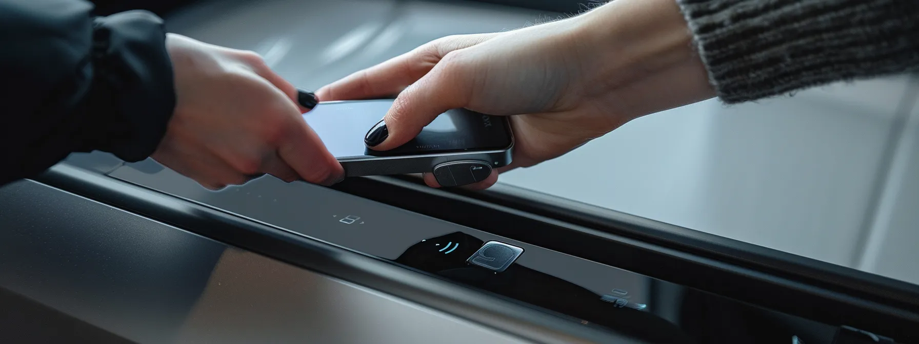 a person carefully connecting a sleek, modern bluetooth vehicle locking system to their smartphone, ensuring a secure and convenient installation process.