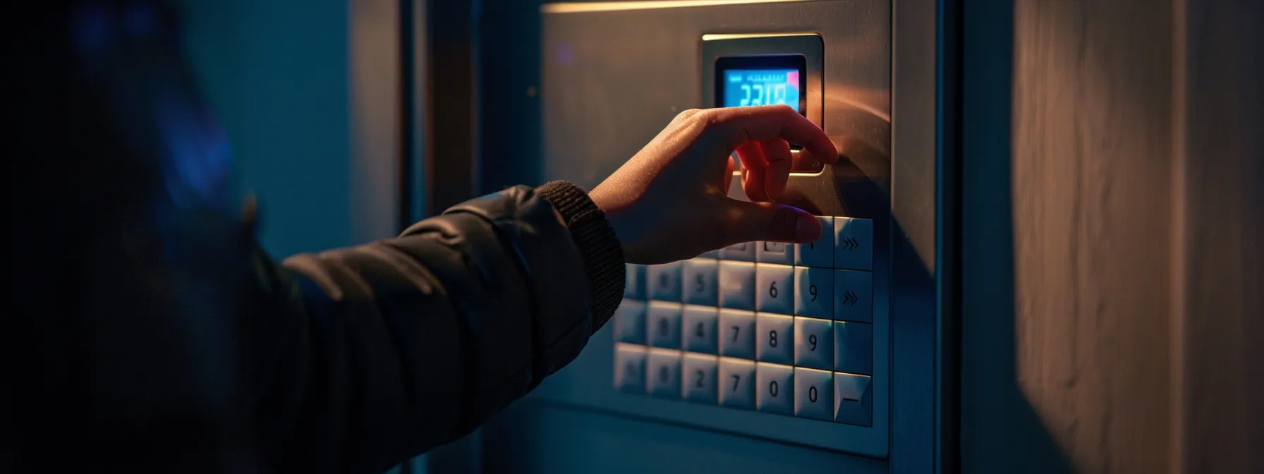 a person carefully inputting a new, secure combination code into a wall-mounted keysafe, ensuring property security.