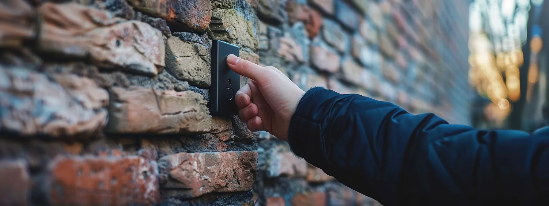 a person carefully mounting an outdoor keysafe on a rugged brick wall, ensuring a secure and effective installation. a person carefully mounting an outdoor keysafe on a rugged brick wall, ensuring a secure and effective installation.
