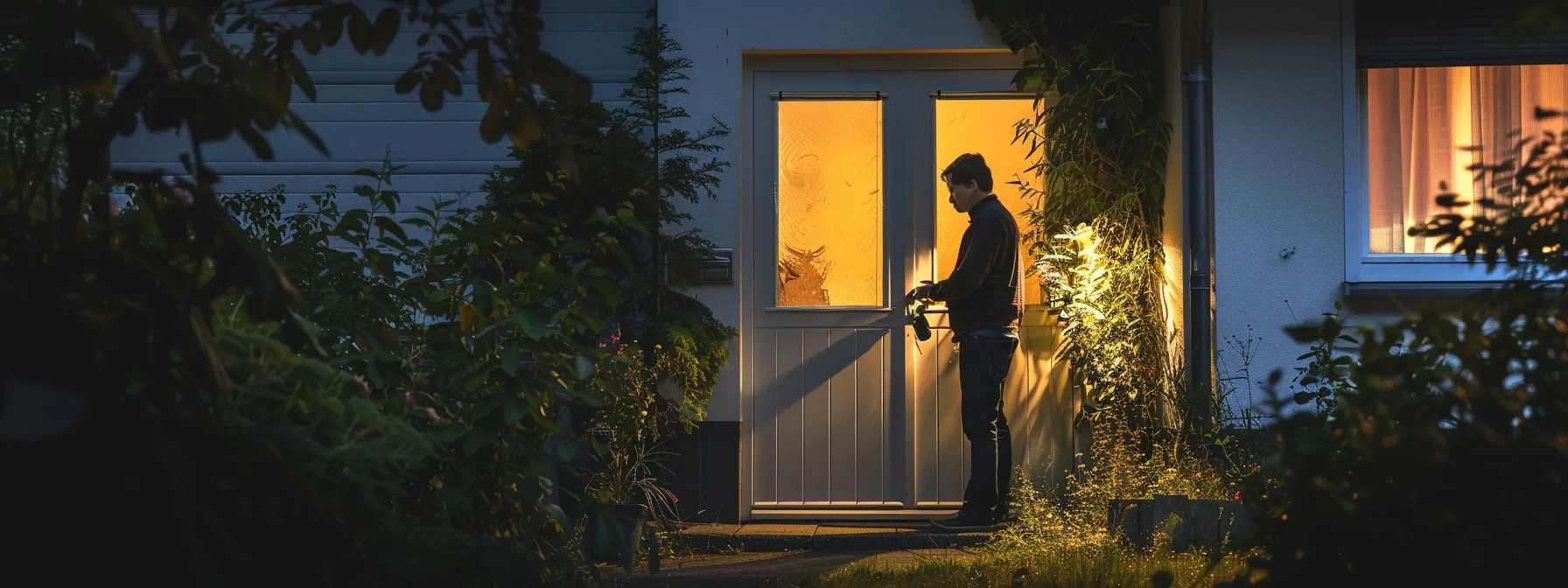 a person carefully surveying a property, analyzing various spots for the ideal keysafe location. a person carefully surveying a property, analyzing various spots for the ideal keysafe location.