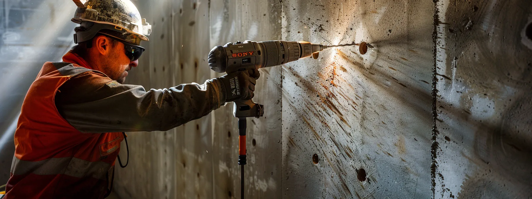 a person confidently uses a hammer drill to create anchor points in a concrete wall for a keysafe installation.