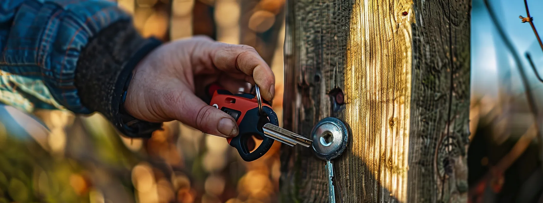 a person drills holes into a sturdy wooden post to securely fasten an outdoor keysafe, ensuring reliable access while safeguarding spare keys. a person drills holes into a sturdy wooden post to securely fasten an outdoor keysafe, ensuring reliable access while safeguarding spare keys.