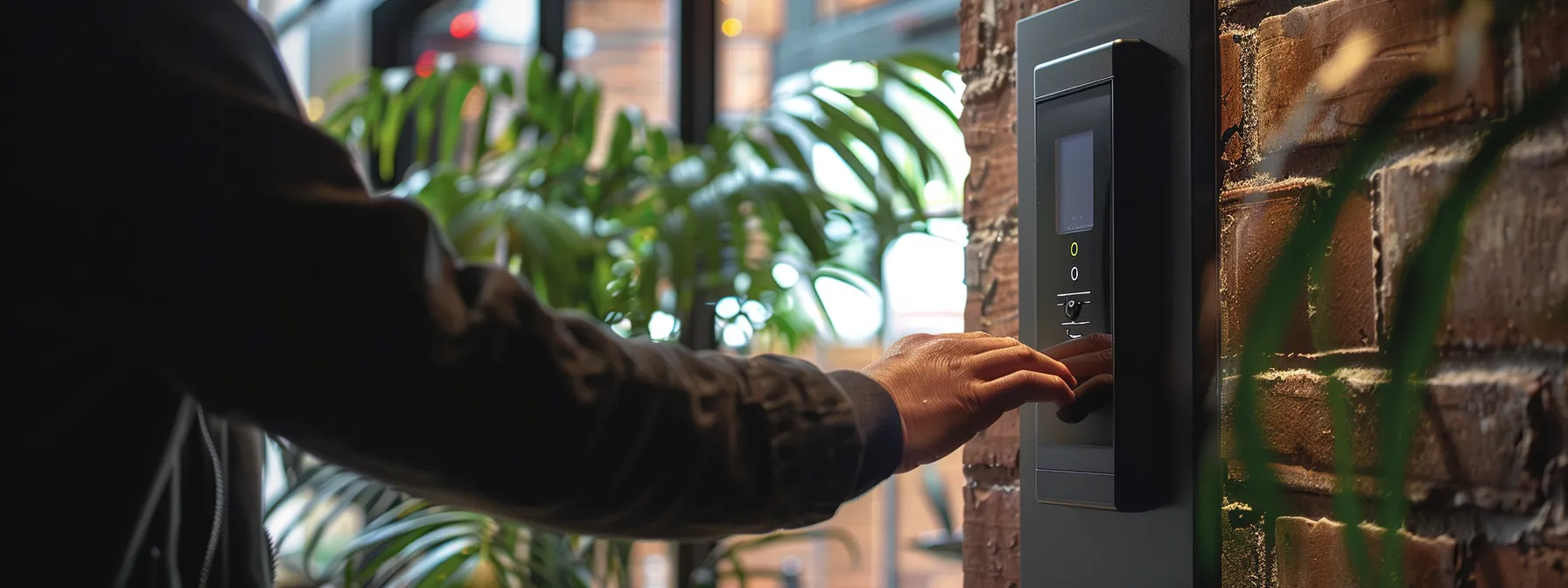 a person entering a secure code on a sleek, modern keysafe mounted on a brick wall, with a security camera overlooking the area for added protection.