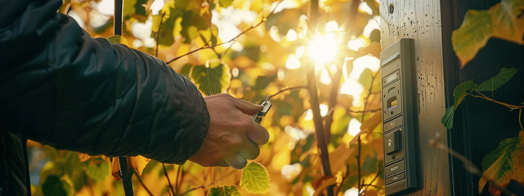 a person inspecting a newly installed keysafe with a weathered exterior, diligently updating access codes on a sunny day. a person inspecting a newly installed keysafe with a weathered exterior, diligently updating access codes on a sunny day.