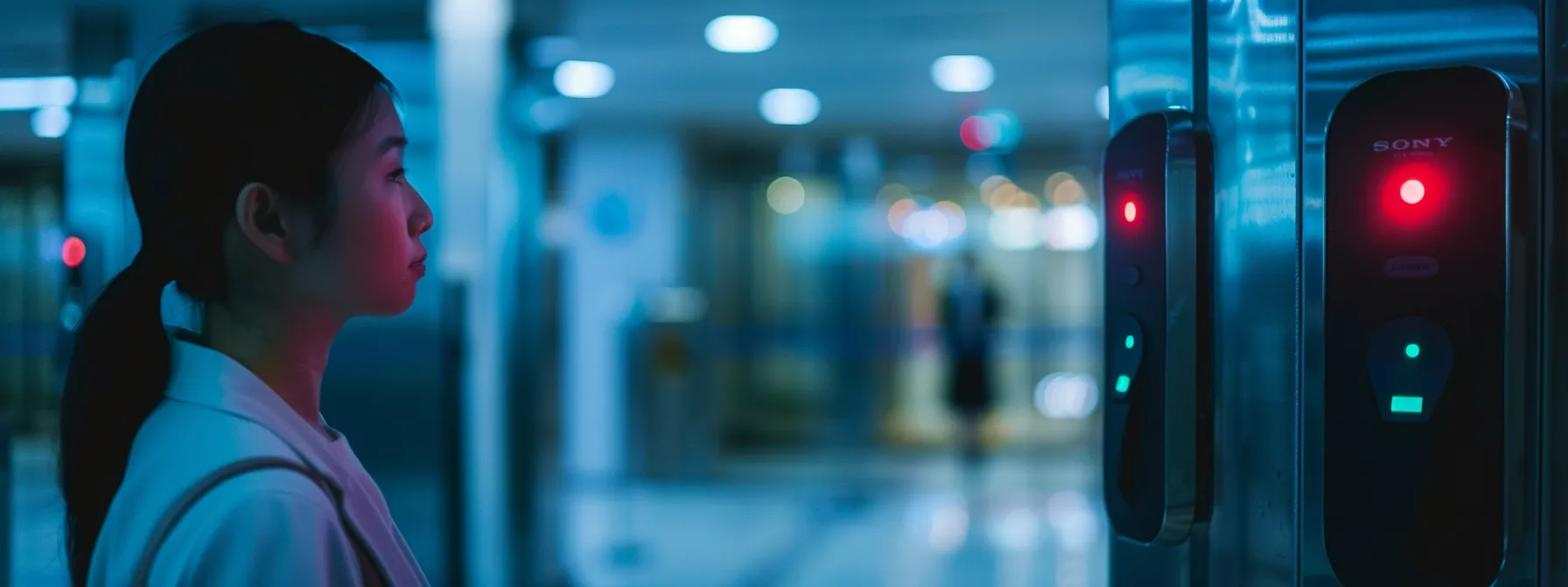 a person standing in front of a high-tech keyless entry system, with a look of relief and confidence on their face, symbolizing the peace of mind from enhanced security measures.