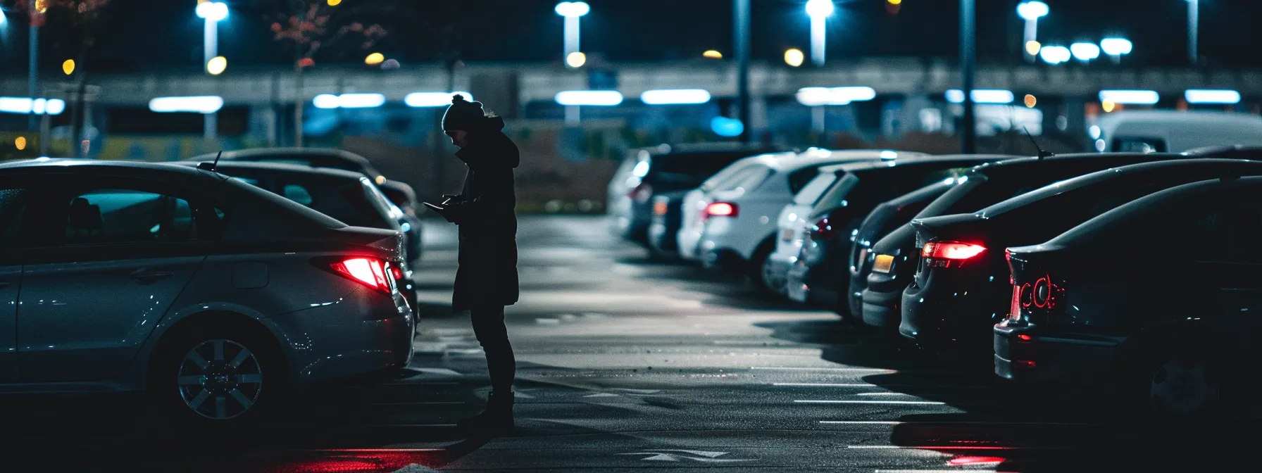 a person standing next to a locked car in a dimly lit parking lot, looking for assistance on their phone.